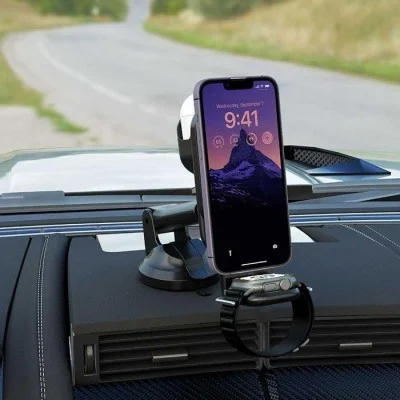 Porodo 3 in1 Magsafe Car Mount- Watch - Earbuds Charging QC3.0 Car Charger Included - Black